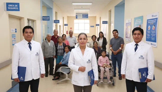 Equipo de APDASS acompanando a asegurados en el area de seguros de un hospital de EsSalud